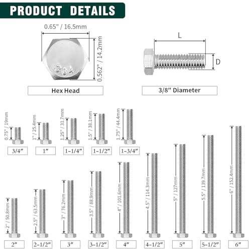 Image of (5 Sets) 3 /8-16 x 4 Hex Bolt and Nut Kit, 304 Stainless Steel (18-8), Fully Threaded, Flat & Lock Washers Included