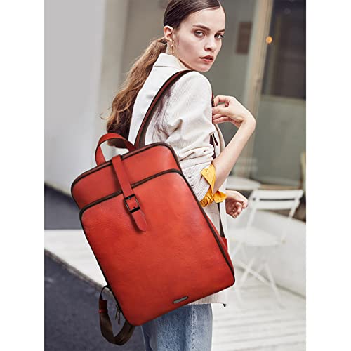 Cluci Womens Backpack Purse Vegetable Tanned Full Grain Leather 15.6 Inch Laptop Travel Business Vintage Large Shoulder Bag Reddish Brown #TOP1