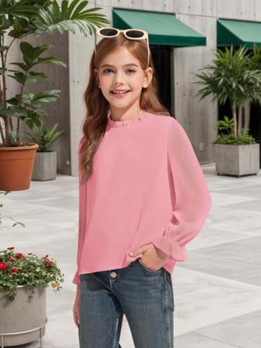 Image of Haloumoning Girls Long Sleeve Shirts Chiffon Blouses 5-14 Years