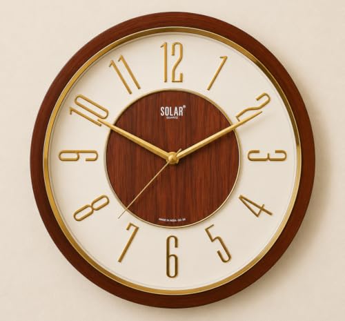 Image of Solar Wooden Finish Wall Clock, Fancy Wall Clock Silent (Non-Ticking) Movement, 13'', Decorative Clock for Living Room Stylish Home, Office, Bedroom, Kitchen