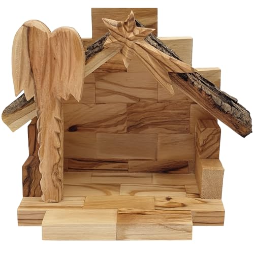 Olive Wood Nativity Stable - 4.5x3.6x6 Inches - Natural Bark Roof | Hand Made from Bethlehem Olive Wood NAT106