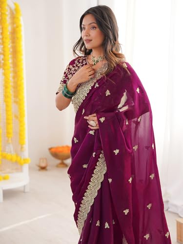 Image of SIRIL Women's Tissue Silk Sequence Embroidery Saree With Unstitched Blouse Piece