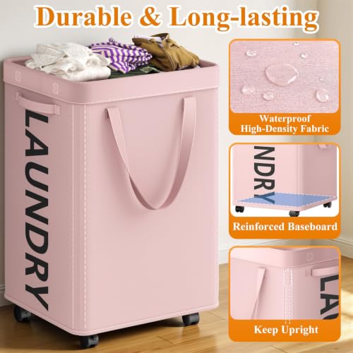 Image of Optish 140L Laundry Hamper with Wheels, Rolling Laundry Basket with Removable Mesh Bag, Extra Large Clothes Hamper on Wheel for Bedroom, Bathroom, Dorm Room Essentials, Pink