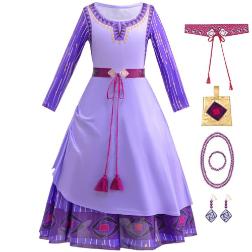 Snyemio Disfraz ASHA para Niñas Vestido Princesa Wish con Accesorios para Cumpleaños Carnaval Halloween, Morado, 4-5 Años(Etiqueta 120)