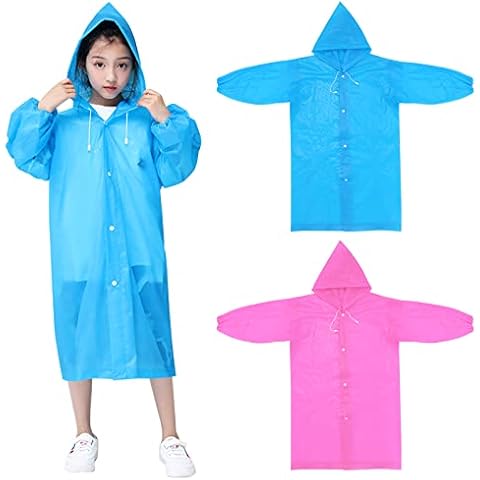 2 Pcs Kids Waterproof Rain Poncho, Reusable EVA Kids Raincoat with Hood and Buttons for Girls Boys, Lightweight Rainwear Rain Jacket Cape for Outdoor Climbing Cycling Hiking Camping (pink+blue) Cover