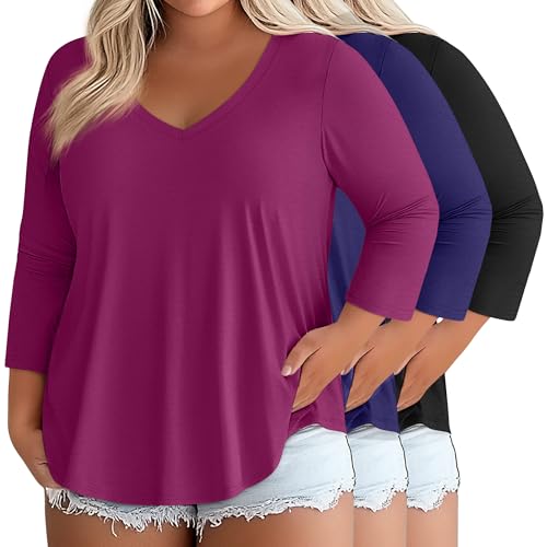Ficerd 3 Pack Cotton Plus Size 3/4 Sleeve Tops for Women V Neck T-Shirts Casual Loose Fit Trendy Basic Tees Clothes2