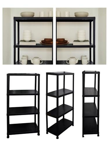 Jardin202 - Estantería de Plástico con 4/5 Estantes - Organizador de Almacenamiento Resistente para Hogar Soporte 25 kg por Estante | 4 Baldas (Negra)