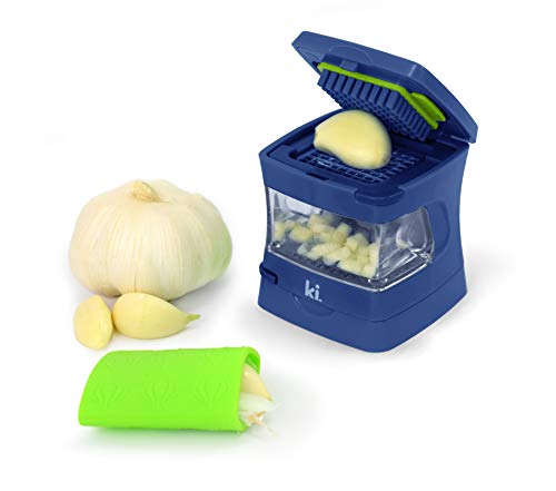 Kitchen Innovations Garlic-A-Peel Garlic Press, Crusher, Cutter, Mincer, and Storage Container - Includes Silicone Garlic Peeler - Easy to Clean - Stainless Steel Blades – (Blue), standard
