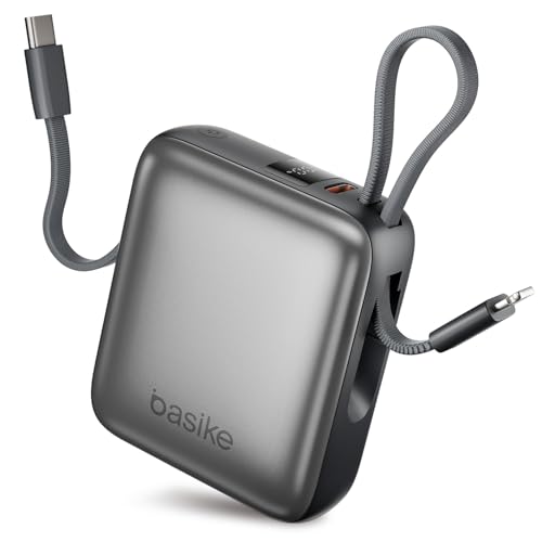 Basike Carregador Portátil 10000mAh, Mini Power Bank com Cabos Integrados, Carregamento Rápido 22.5W(MAX), Pequeno, Led Indicador de Bateria para iPhone/Samsung/Huawei/Xiaomi, etc (Cinza)