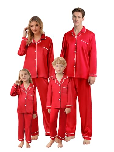 Schbbbta Family Matching Silk Pajamas Set Satin Long Sleeve Button Up Sleepwear Pj Set, S Red Men, US M