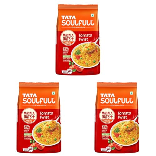 Image of Tata Soulfull Masala Oats+ With Millets, Tomato Twist, 500g, Real Vegetables, 25% Millets, Non Sticky, Evening Snack, Healthy Snack (Pack of 3)