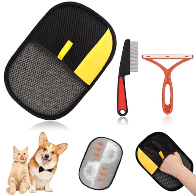 3 Pcs Pet Hair Removal Glove Set, Reusable Electrostatic Pet Hair Remover with Hair Remover Brush and Pet Comb, Upgrade Efficient Cats&Dogs Grooming Gloves for Clothes Furniture Carpet Seat-AnHmKOld