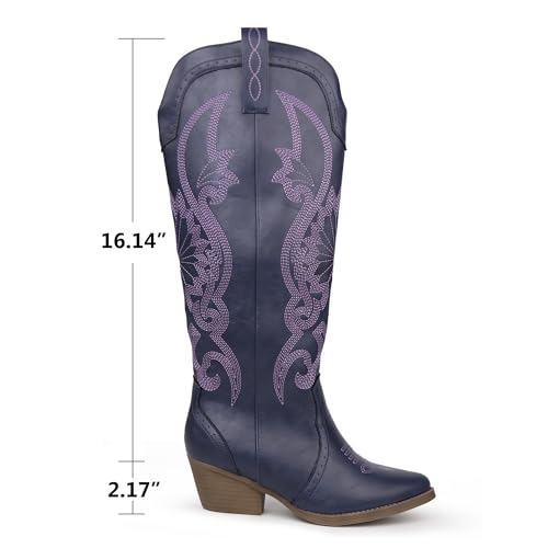 Hawkwell Women's Cowboy Cowgirl Boots Slip On Pointed Toe and Block Heel Shoes with Classic Embroidered Pull On Tall Boot for Ladies Dress Western Knee High Boots4