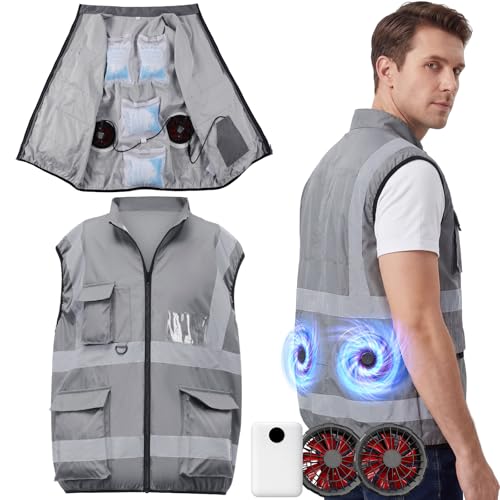 Grinsvalley Gray Cooling Vest Jacket with 2 Fans 10000mah Battery Pack for Men Women Air Conditioner Vests Jacket with 20 Ice Bag (XL)