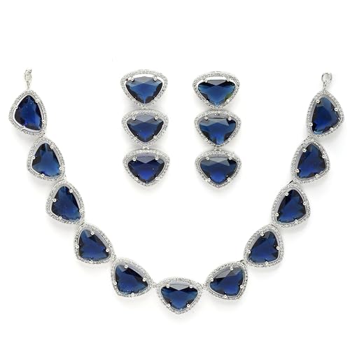 Image of ZENEME Rhodium Plated Silver Toned Triangular Shaped American Diamond Studded Jewellery Set For Women and Girl