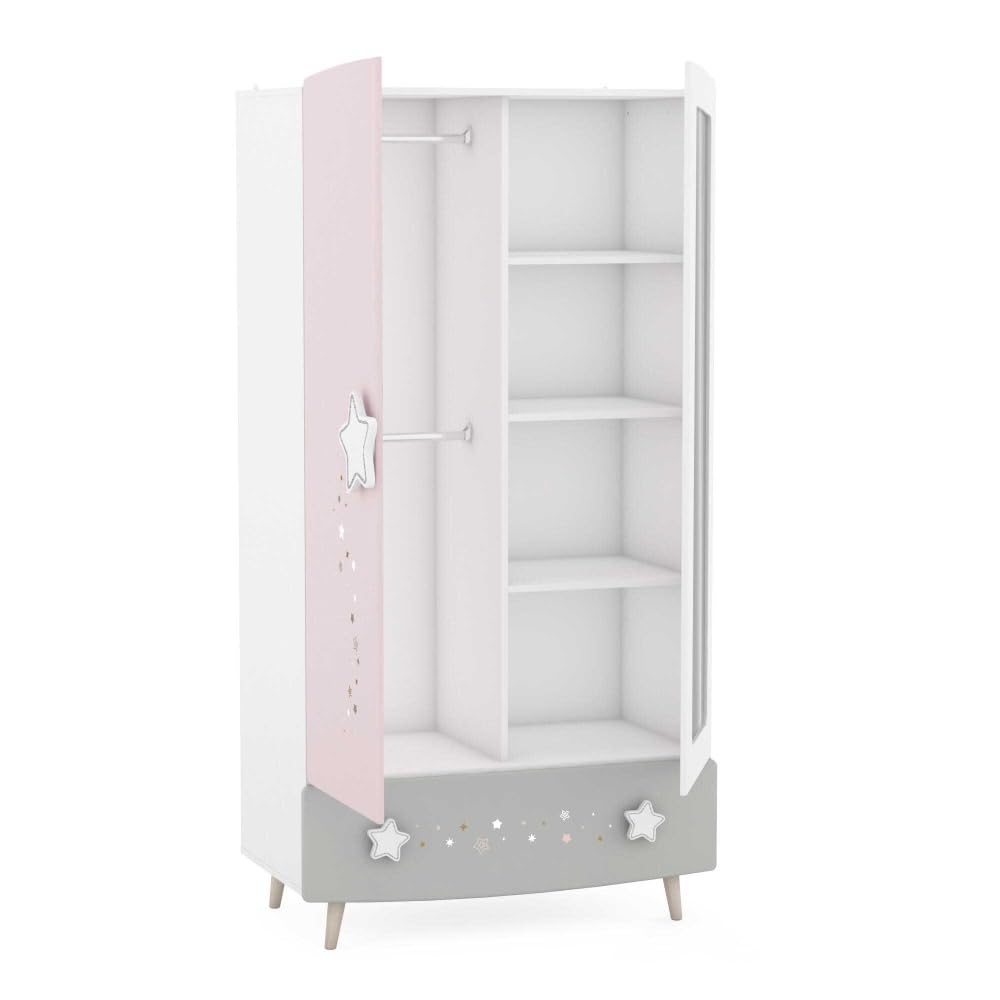 Befara Guardaroba Cosmos per Bambini, Bianco Opaco/Grigio/Rosa, Armadio