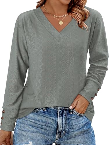 KISSMODA Long Sleeve Fall Shirts For Women V Neck Tunic Tops Embroidered Button Down Knitted Blouses 2025