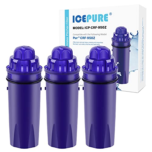 ICEPURE CRF-950Z Pitcher Water Filter Replacement for PUR CRF950Z, PPF900Z, PPF951K, PPT700W, CR-1100C, CR1100CV, DS-1800Z, PPT711W, PPT711B, PPT111W and More PUR Pitcher and Dispensers System, 3PACK