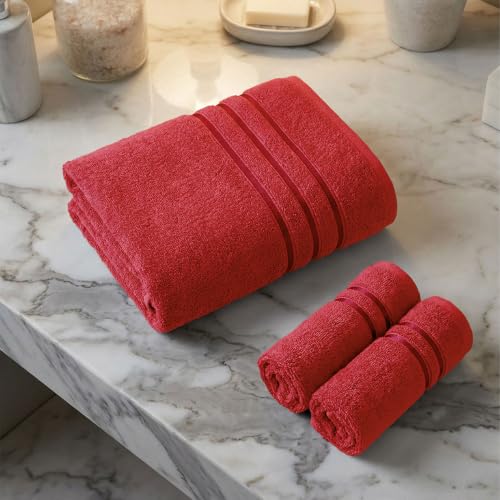 Image of MYTRIDENT Towel Set| Comfort Living | Quick Drying | Travel Friendly | for Men /Women | 3 PC Towel Set | 1 Bath (70 cm x 140 cm) 2 Hand (40 cm x 60 cm) | 100% Cotton 400 GSM - Tango Tomato