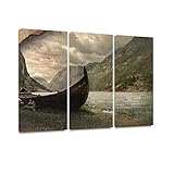 7houarts Old Viking Boat in Gudvangen Village Near Flam, Norway Canvas Wall Artwork Poster Modern Home Wall Unique Pattern Wall Decoration Stretched and Framed - 3 Piece