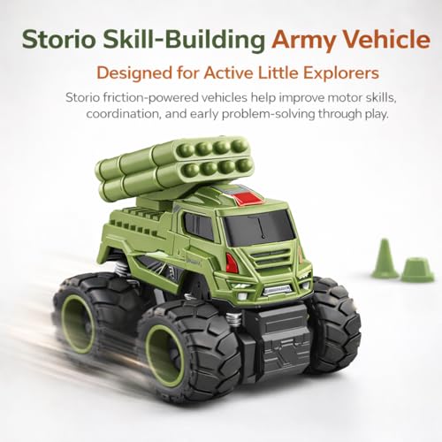 Image of Storio 4WD Monster Military Truck Toy for Kids | Pack of 4 Friction Powered Push & Go Cars | Off-Road Rock Crawler Vehicles for Boys | Durable, Safe & Fun Mini Trucks for Indoor & Outdoor Play