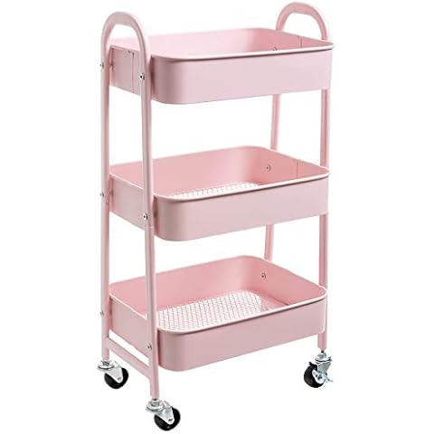 AGTEK Makeup Cart, Movable Rolling Organizer Cart, 3 Tier Metal Utility Cart Pink Cover