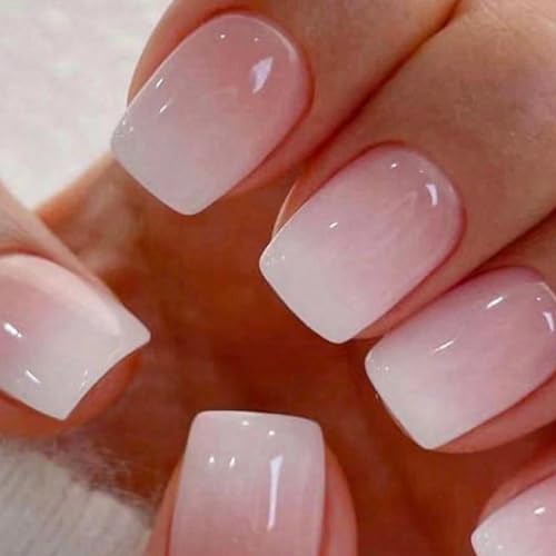 Ombre Press on Nails Short Square Fake Nails Nude False Nails Pin...