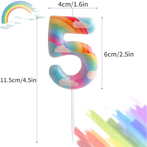 5th Birthday Candles Number 5 Pink Rainbow Birthday Party Cloud Rainbow Theme Adorable Design for Baby Girl Boy Birthday Cake Topper, Graduation Celebration Anniversary Wedding Decorations