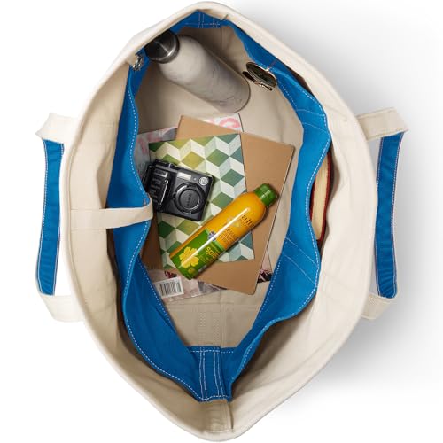 Image of Lands' End Natural Long Handle Open Top Canvas Tote Natural /beacon Blue X-Large Long Handle