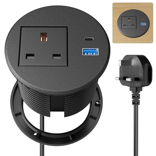 Desk Power Strip USB C PD20W, Desk Grommet Power Socket 80MM, Recessed Power Socket with USB, Desk Extension Lead 2M Extension Cord, Black