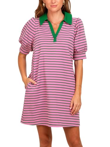 Yousify Women's Summer Lapel Collared V Neck Striped Dress Casual Puff Short Sleeve Polo Tshirt Dresses with Pockets