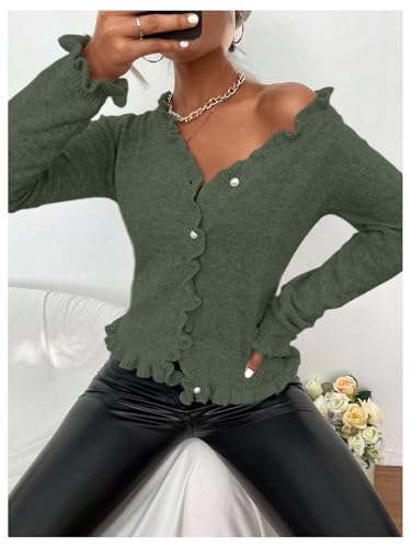 Image of Verdusa Women's Ruffle Trim V Neck Button Down Long Sleeve Knit Cardigan Sweater