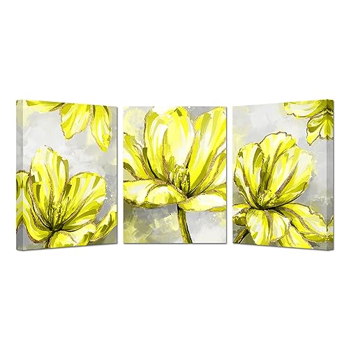 Lienzo tríptico de flores modernas gris y amarillo para decoración