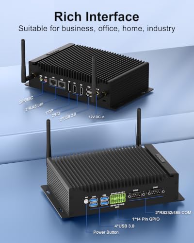 Image of Fanless Mini PC Win11 Pro Industrial PC Core i5 1235U 8G RAM 512G SSD | Mini Desktop Computer Dual HD+DP Triple Display Mini PC RS232 /485 COMx2, 2xRJ45 LAN, 14Pin GPIO, Wifi6, BT5.2, 3G /4G SIM Solt