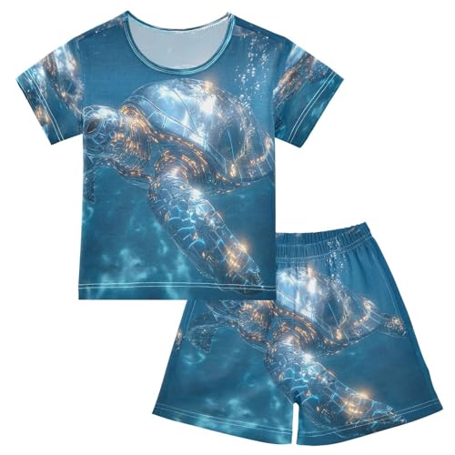 ALAZA Sea Turtle Swimming Blue Pajamas Set Short Sleeve Cotton Sleepwear Summer Pjs 2 Piece 5-14Y
