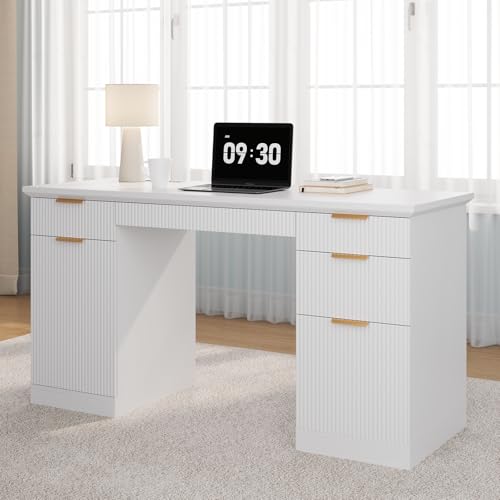 FURSUN 58" Fluted Modern Desk with Storage, Home Office Desk