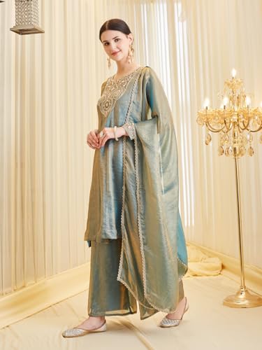 Image of MOKOSH Women's Silk Anarkali Kurta Palazzo with Dupatta | Anarkali Kurti Set | Embroidered | Sweetheart Neck Full Sleeve Ethnic Suit | 3 Piece Outfit