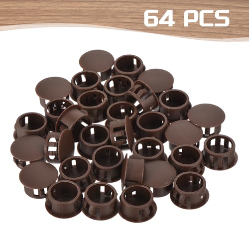 Image of MECCANIXITY 64PCS 15mm(9 /16 inch) Brown Plastic Hole Plugs, Flush Type Panel Hole Plugs Insert End Caps for Locking Hole Tubes Furniture Cabinet