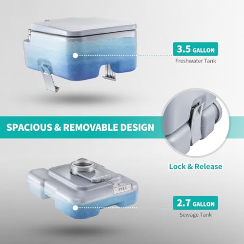 Image of 2.7-Gallon Portable Travel Toilet | Features Detachable Holding Tank /Sealing Slide Valve & Bellow-Type Flush | Easy Transport w /Compact Lightweight Design & Carry Handle | Gray