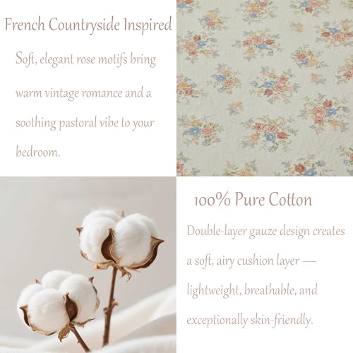 Image of FADFAY Queen Sheet Set 100% Double Gauze Cotton 4Pcs - Breathable & Cooling Muslin Sheets-Soft Cream Floral Bed Sheets for Hot Sleepers, All-Season Comfort