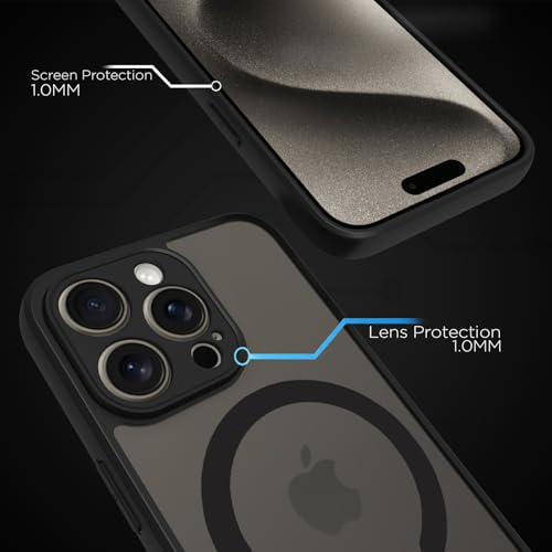 Image of RIGGEAR Shockproof Sleek Hybrid Armor Upgraded C-Shaped Magnetic Back Cover Case Compatible with MagSafe Accessories for iPhone 15 Pro Max (Smoke Black Matte PC + Black TPU Bumper)
