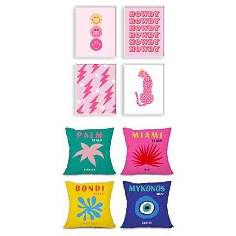 heilkee Preppy Room Decor Aesthetic Wall Art for Teen Girls Bedroom(UNFRAMED 8x10in) Preppy Throw Pillow Covers Set of 4 Travel Colorful Cushion Case(18x18 Inches) Cover