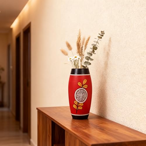 Image of Aakriti Art Creations Ruby Blossom Red Terracotta Barrel Vase | Handmade Matte Finish Floral Art Decorative Flower Vase | Living Room Table Decor, Shelf Showpiece & Housewarming Gift