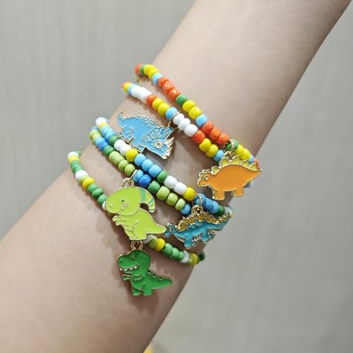 XAM Enamel Dinosaur Charm Beaded Bracelet - Colorful Alloy Jewelry Fun Party Favors & Gifts4