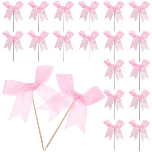 FRCOLOR Adornos para Tartas Lazo Rosa, 20 Piezas de Palillos Decorativos de Poliéster para Cumpleaños, Bodas y Fiestas, Inserción para Pastel, Decoración Elegante y Versátil