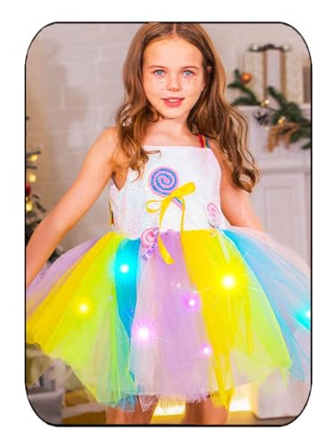 EASEDAILY Girls Light Up Sequin Tutu Dress Sleeveless LED Rainbow Tulle Dress Glow Princess Birthday Party Dresses