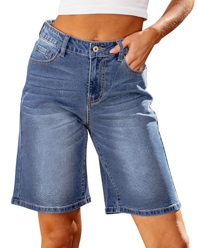 Roskiky - Pantalones cortos de jeans para mujer, cintura alta, a la moda, elásticos, hasta la rodilla, de pierna ancha, pantalones cortos largos, X-Large