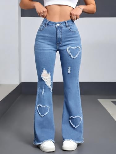 Women's High-Waisted Baggy Boot Pants with Stretch Washed Heart Embroidery Original Straight Jeans Frayed4