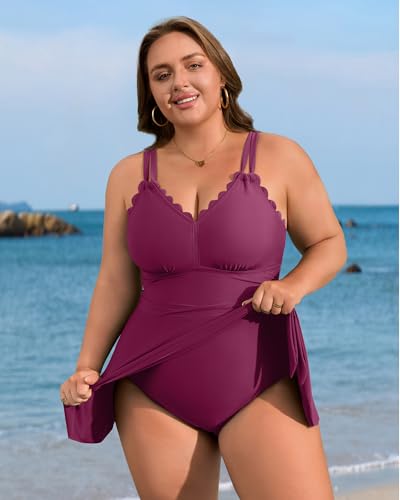 Image of Charmo Plus Size Swimsuit for Women Swim Dress Scalloped One Piece Tummy Control Bathing Suit Ruched Swim Suits
