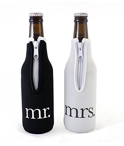 Bridal Shower Gift Mr and Mrs Wedding Beer Bottle Coolies - Black and White Set of 2